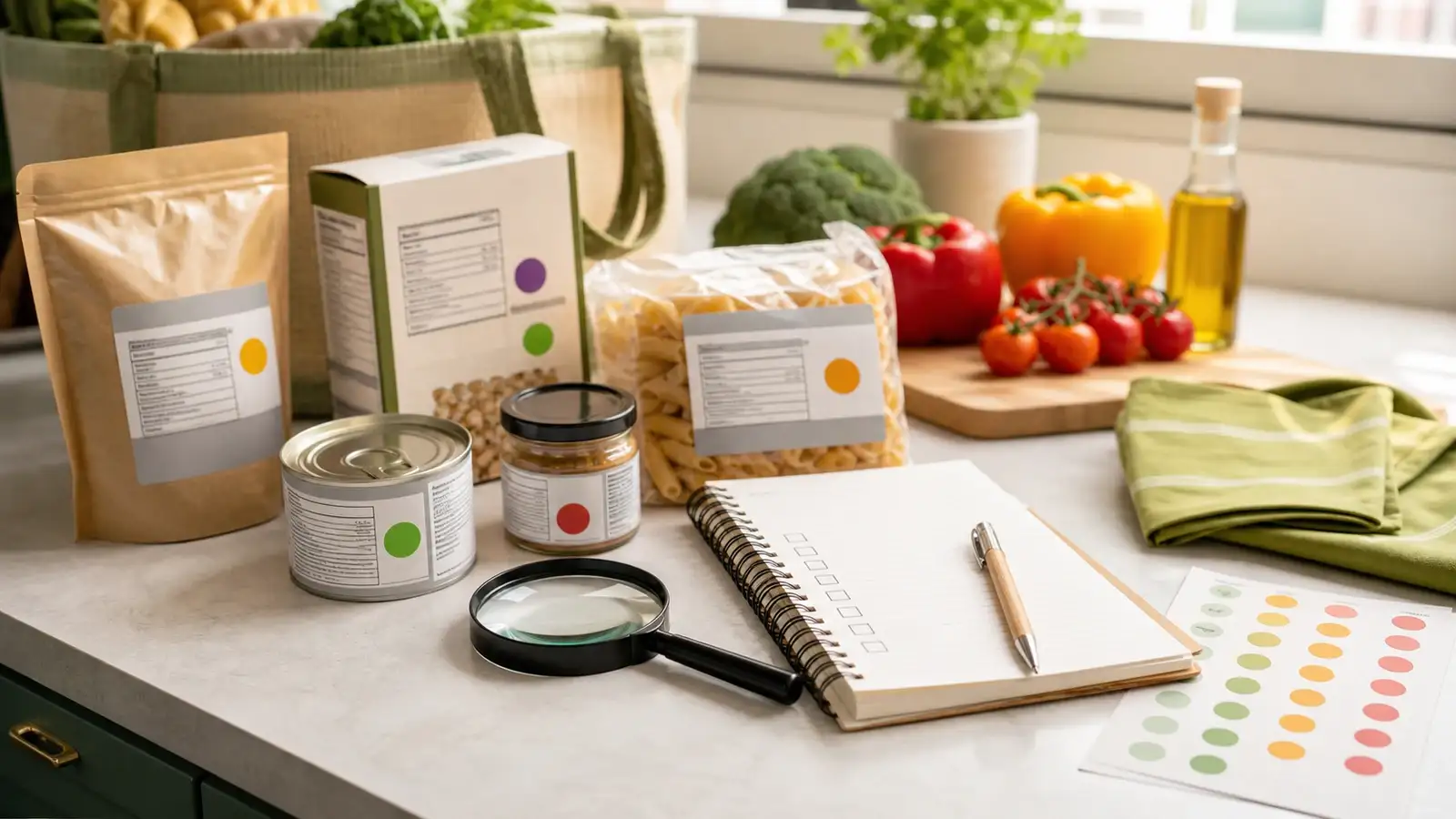 Food label and allergen checking on a home kitchen counter before cooking