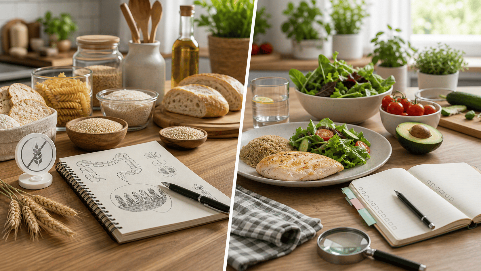 איור מטבח מחולק שמשווה בין צורך רפואי ללא גלוטן לבין בדיקת רכיבים ותוויות.