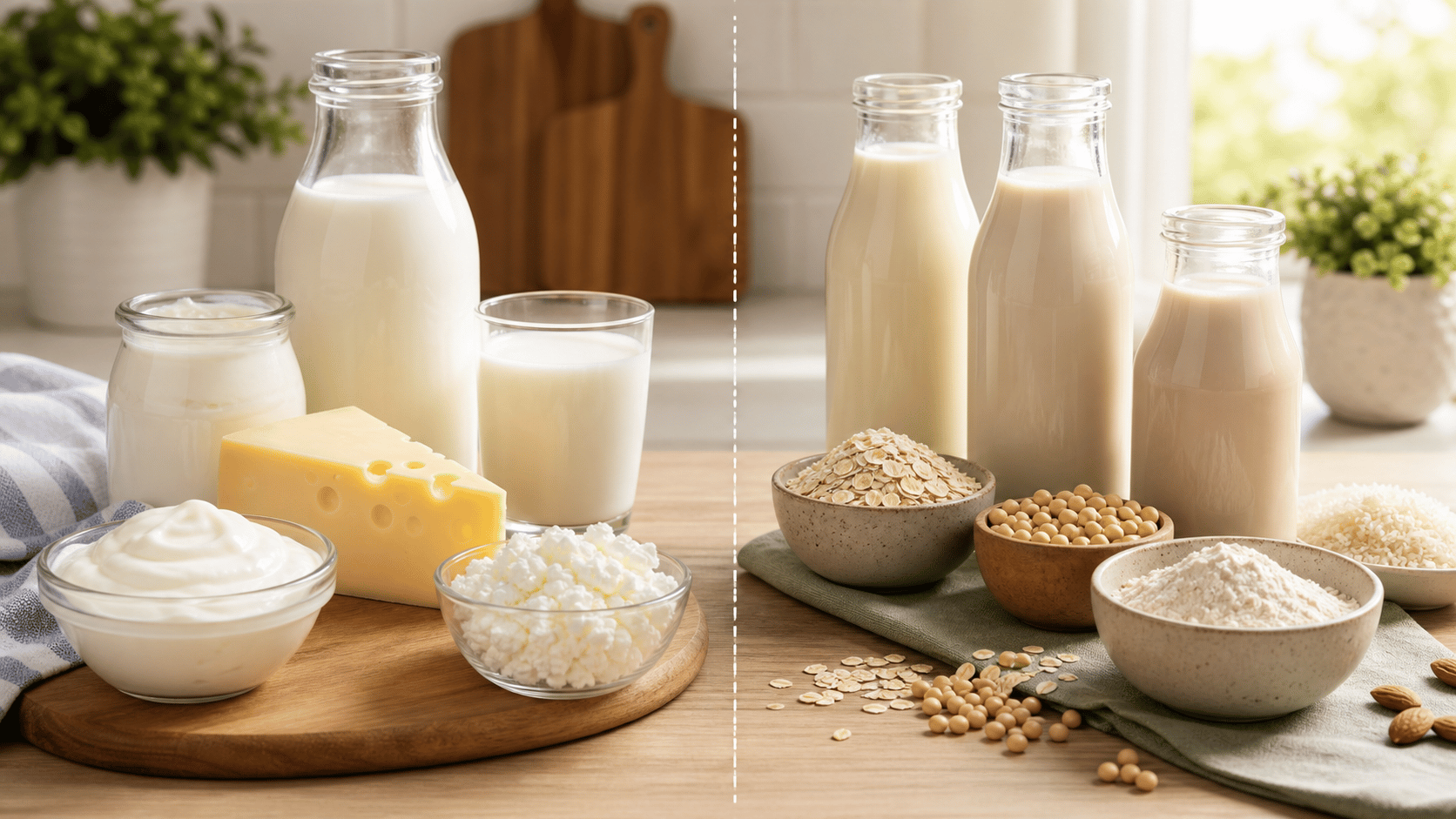 Milk cartons, plant-based milk, and ingredient labels arranged for dairy-free and lactose-intolerance comparison.