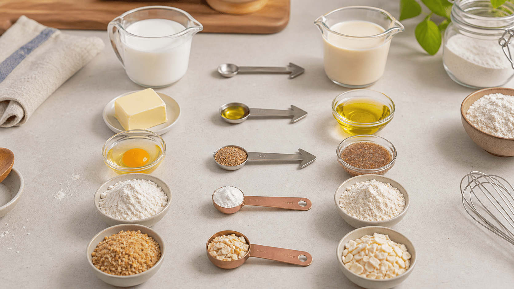 Ingredient swap setup with measuring tools, original ingredient, substitute ingredient, and direction arrow.