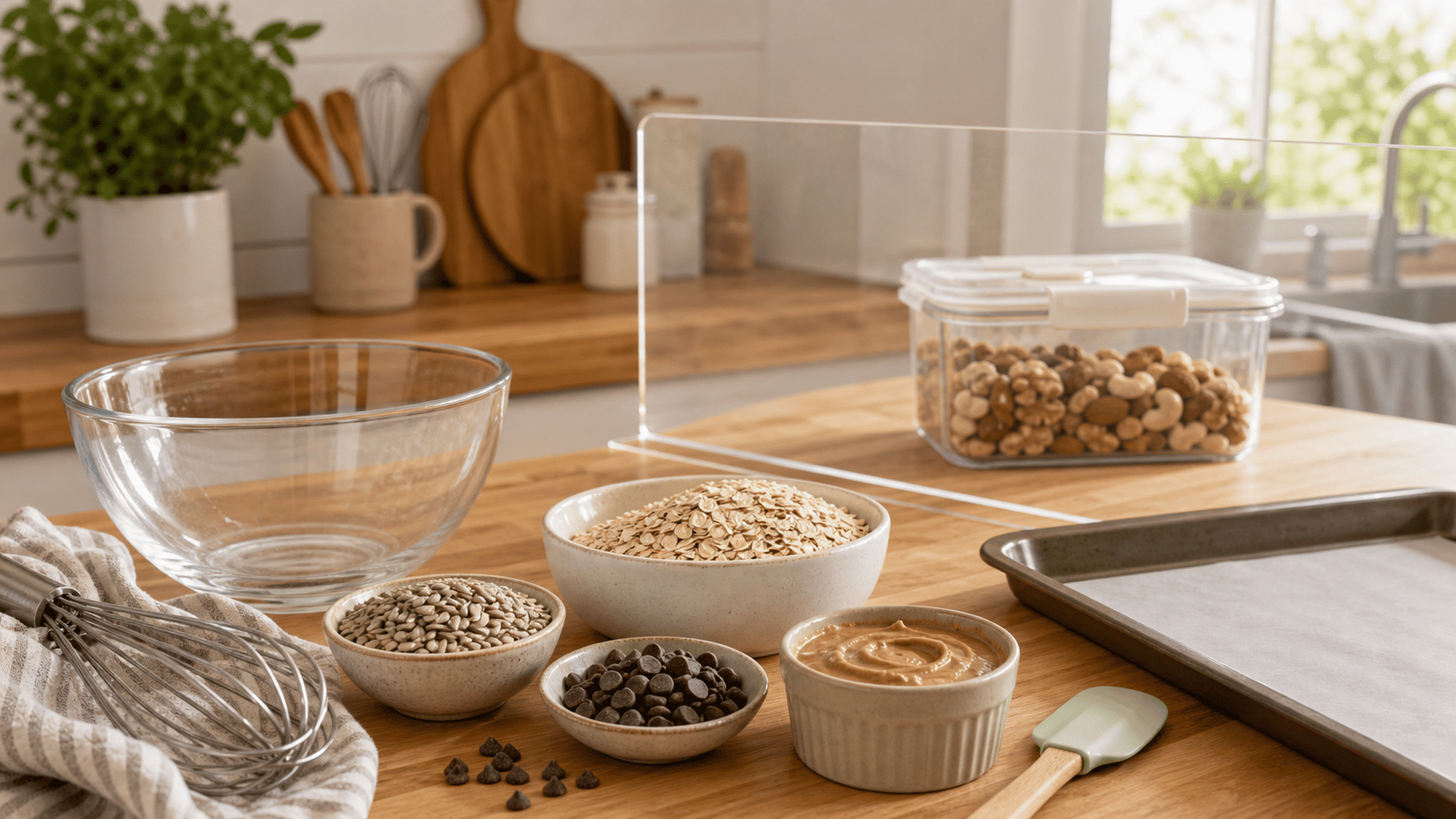 A warm kitchen table with chocolate chip cookies, sunflower seeds, oats, and labeled pantry jars.