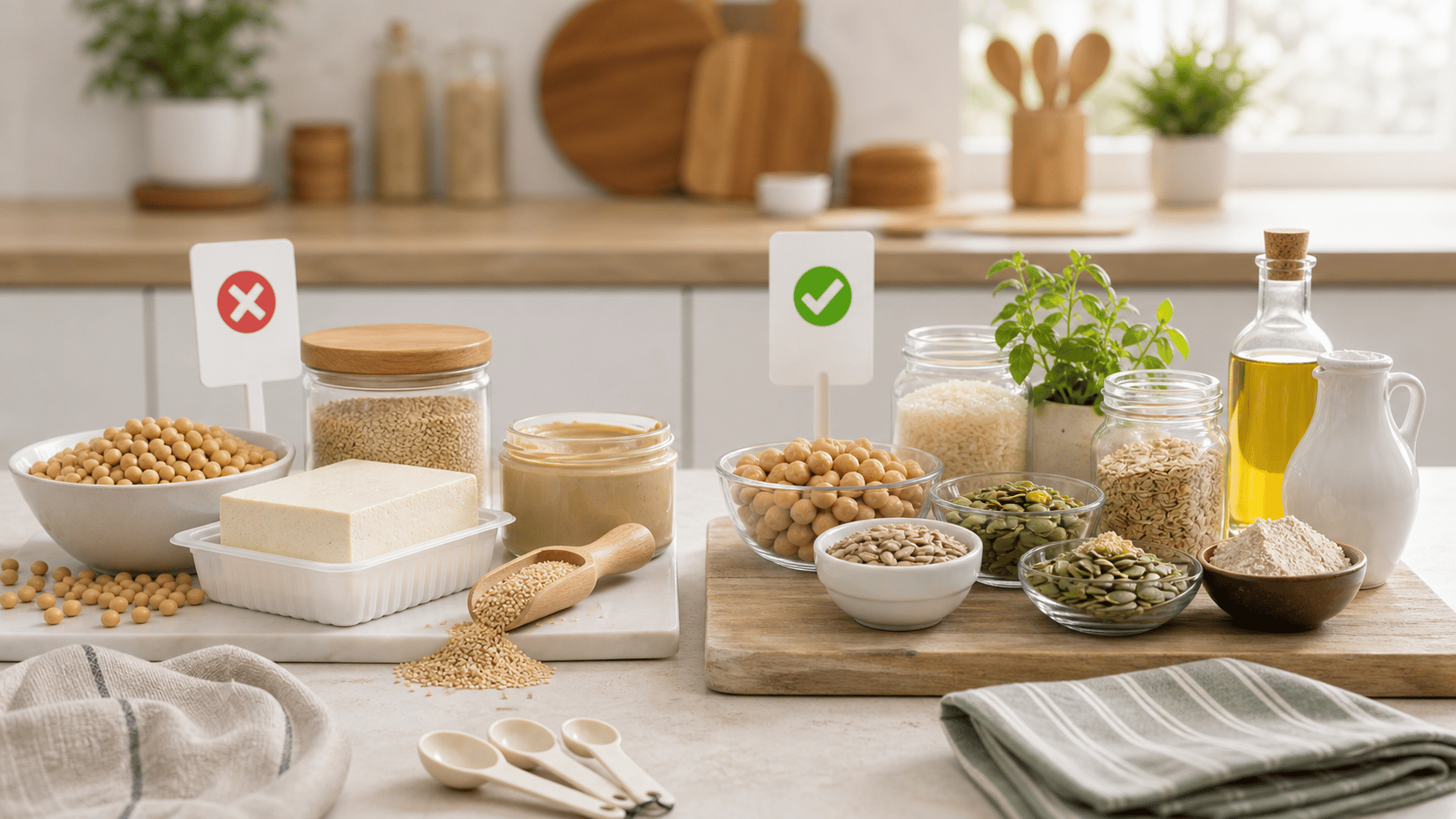 Soybeans and sesame seeds shown with a clear allergy-check symbol for soy-free and sesame-free cooking.