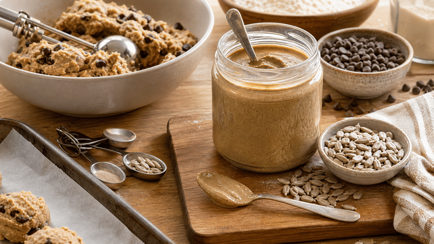 A spoon of sunflower seed butter beside chocolate chips and cookie dough on a warm counter.