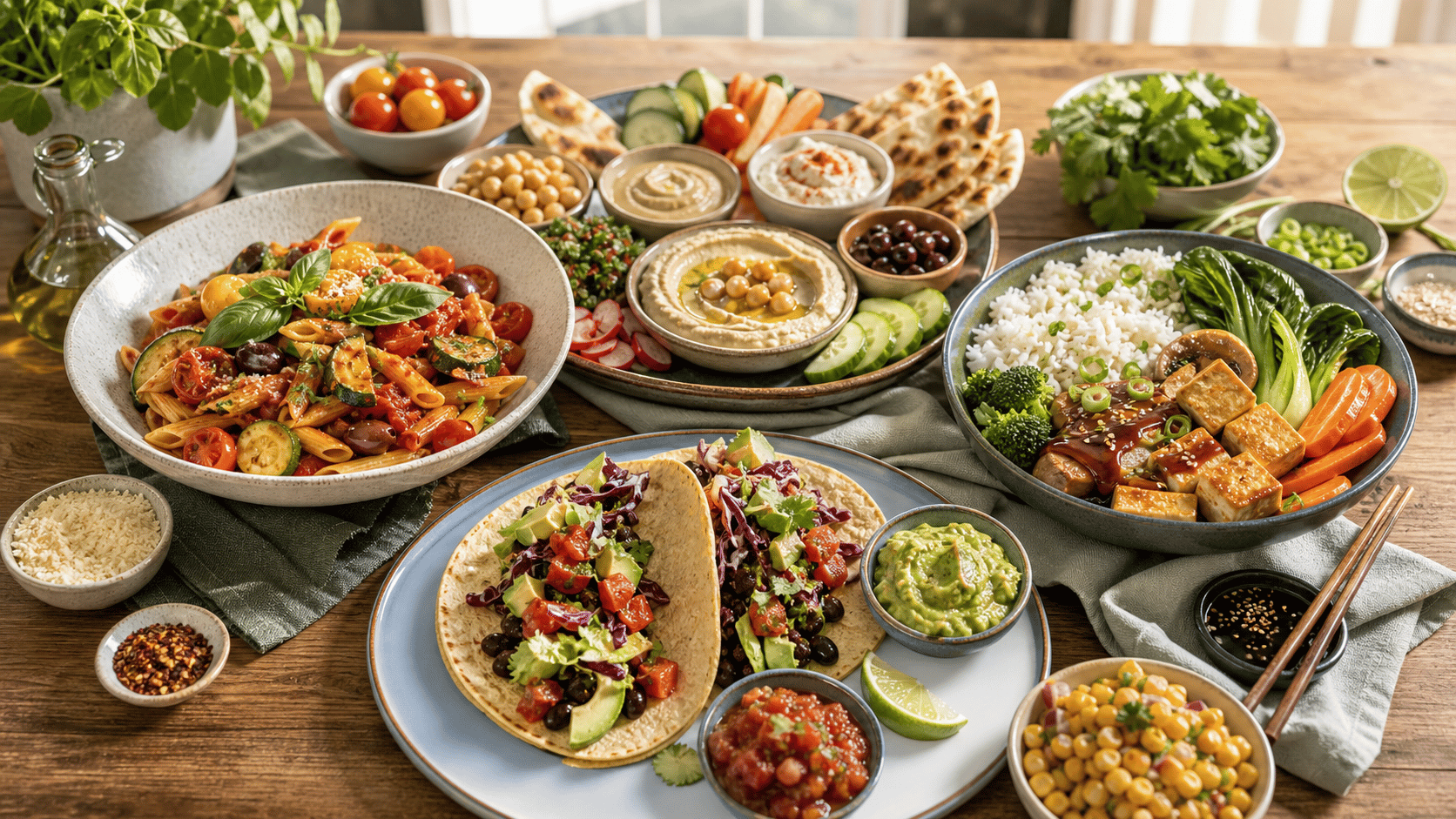 Several cuisine bowls, sauces, and toppings arranged for adapting world dishes safely.