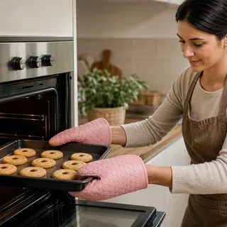 Una persona adulta manipula con seguridad una bandeja caliente con guantes de horno