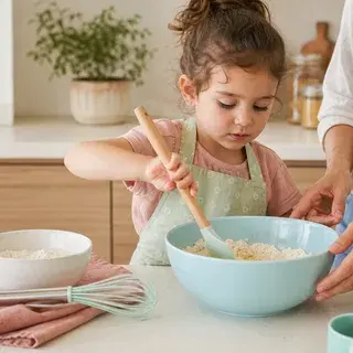 Un niño pequeño mezcla ingredientes en un bol con un adulto cerca supervisando