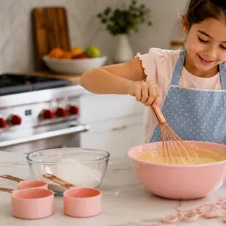 Un niño bate una masa con utensilios de medir sobre una encimera familiar