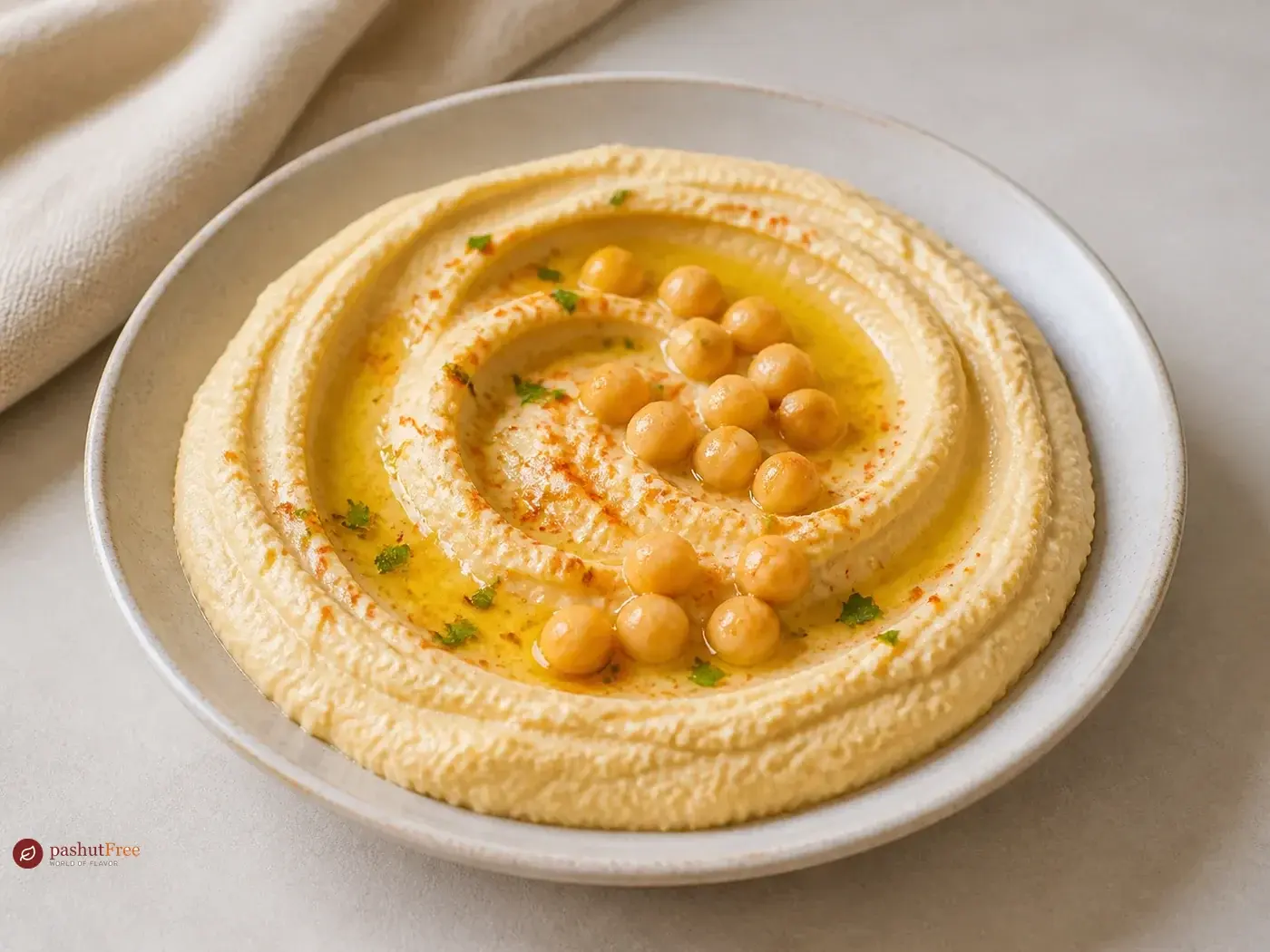 חומוס קרמי עם גרגירי חומוס ושמן זית בקערה