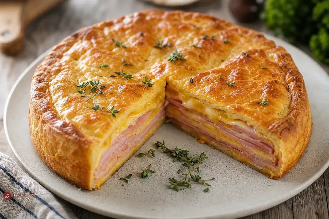 Sliced golden torta de fiambre with ham and melted cheese layers
