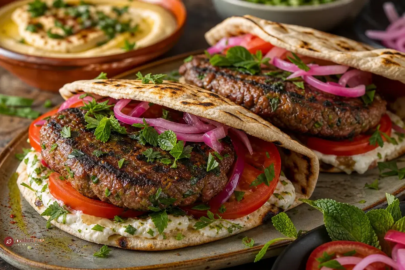 Hamburguesas de kofta a la plancha en pan plano con tomate, cebolla en escabeche, hierbas y salsa cremosa