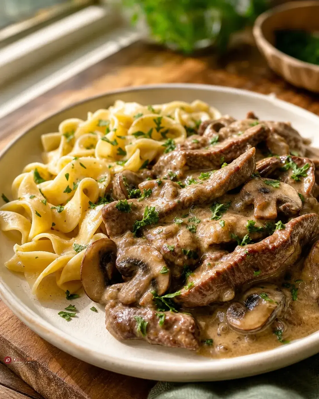 Stroganoff de ternera con champiñones en salsa cremosa y pasta