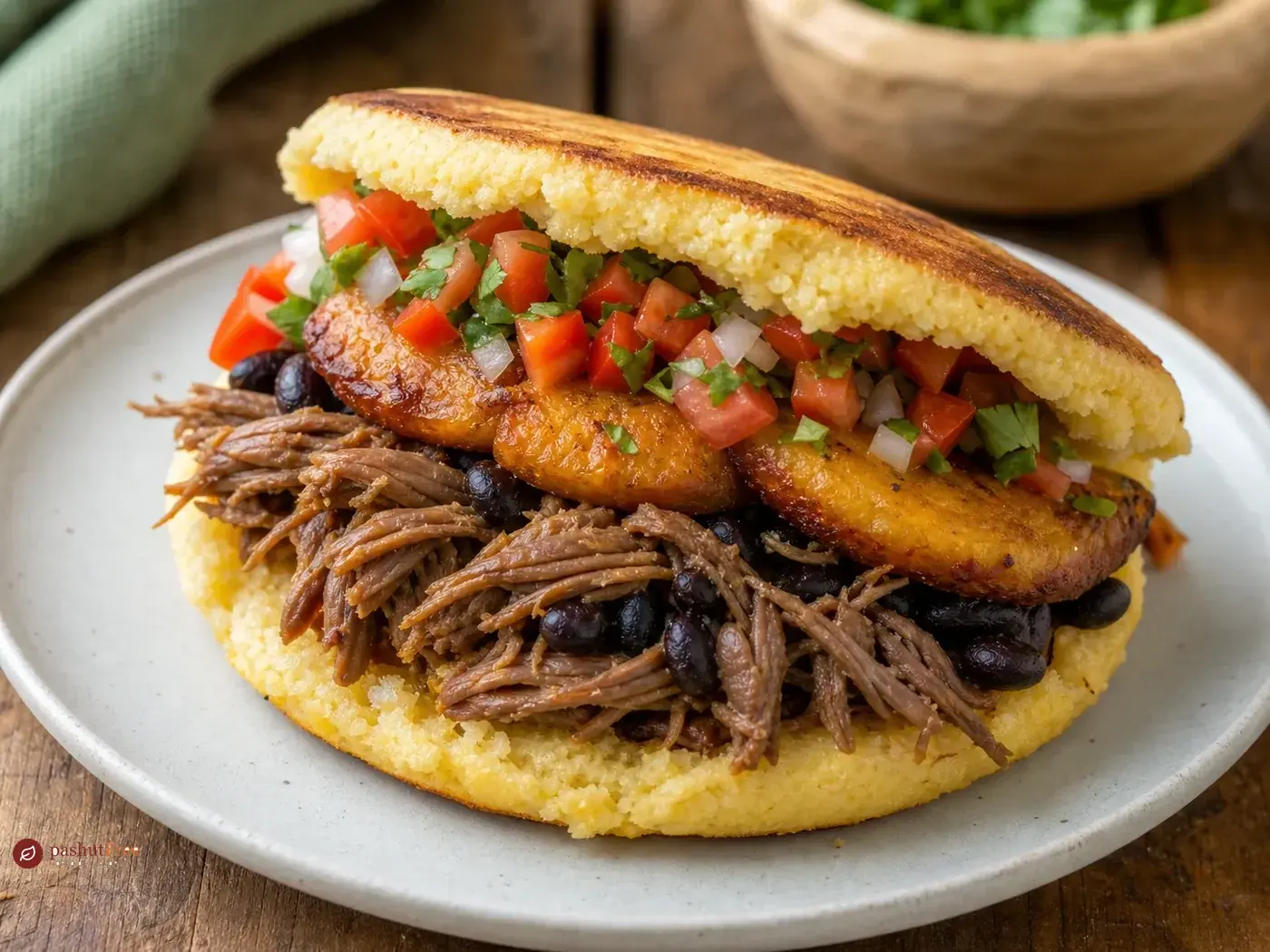 Arepa a la plancha con carne rallada, frijoles negros, plátano y tomate