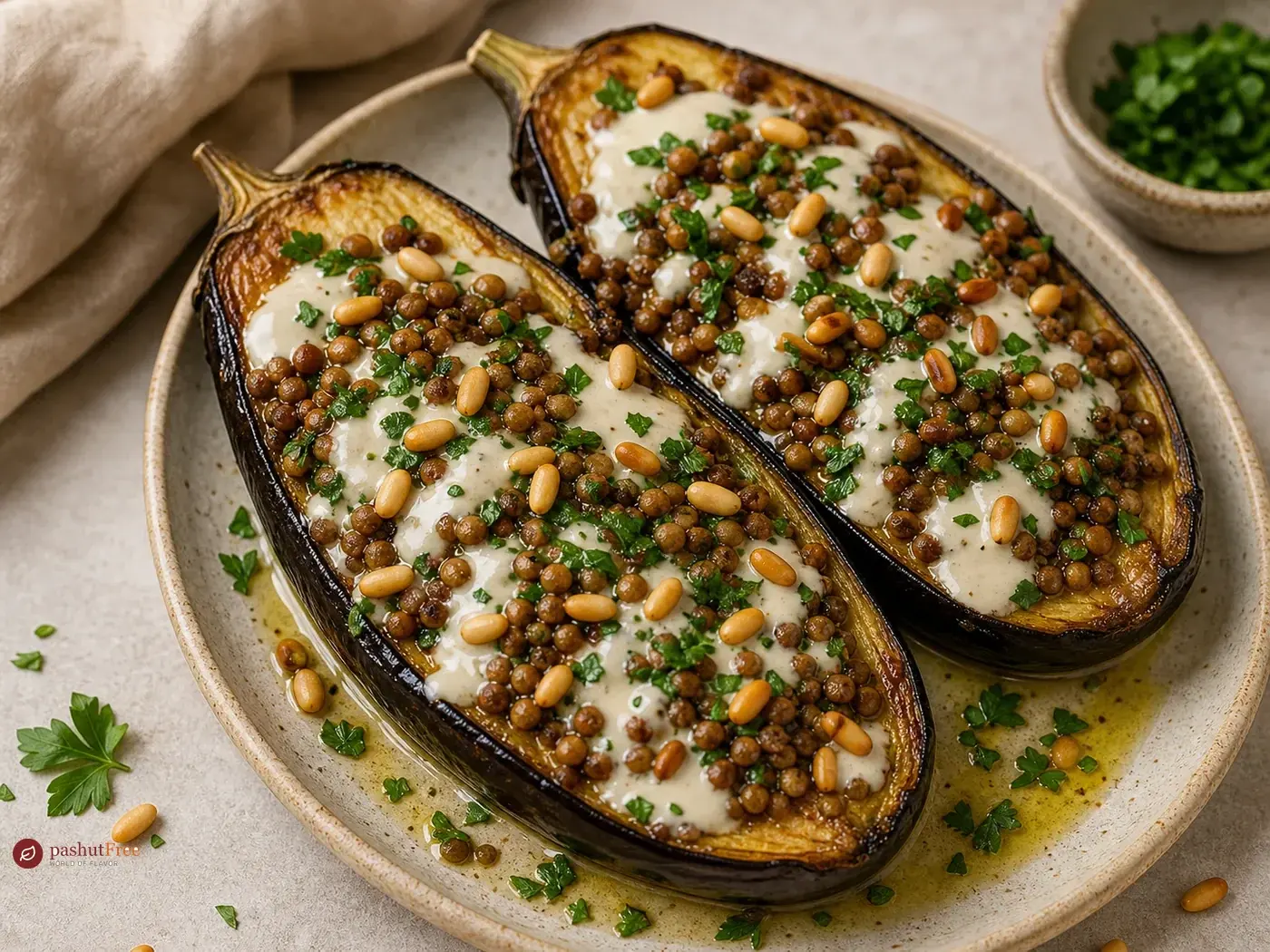 Roasted Eggplant With Tahini, Pine Nuts, and Lentils כמנה ביתית מוכנה