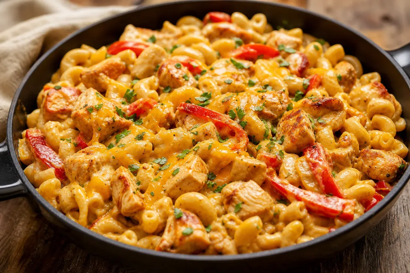 Macarrones con queso, pollo y pimientos rojos