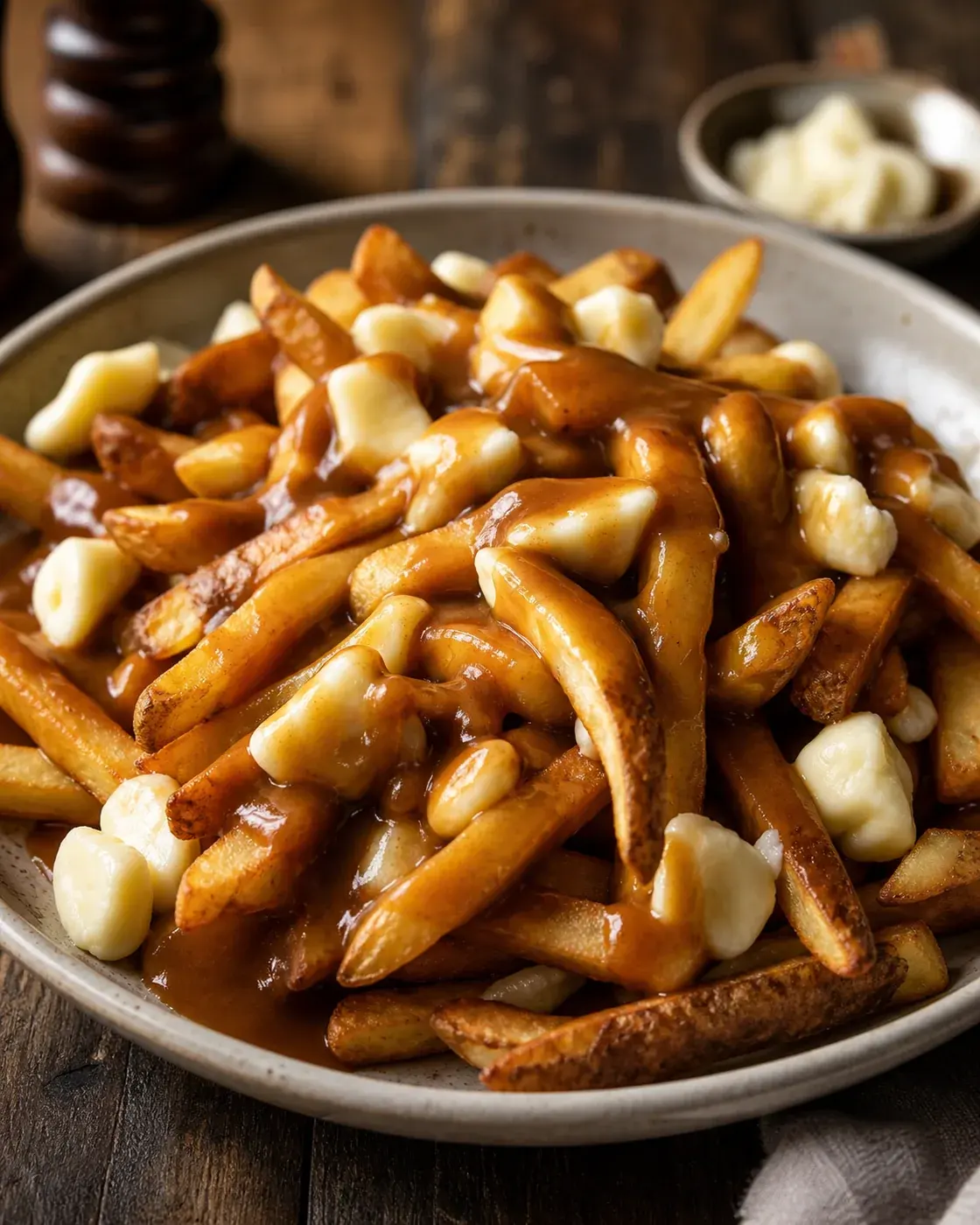 Poutine con patatas fritas, cuajada de queso y salsa caliente