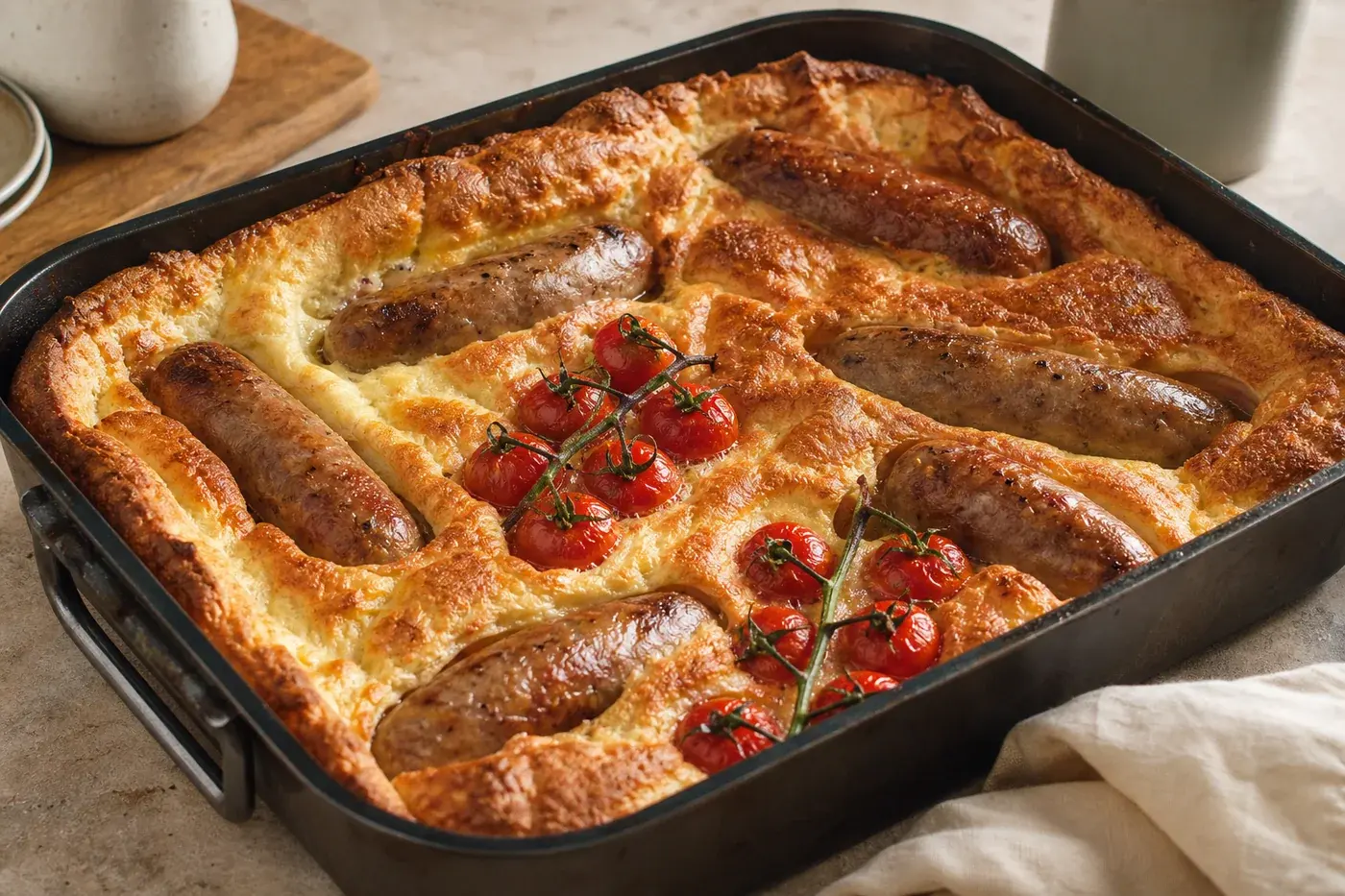 Toad in the hole horneado con salchichas y tomates cherry