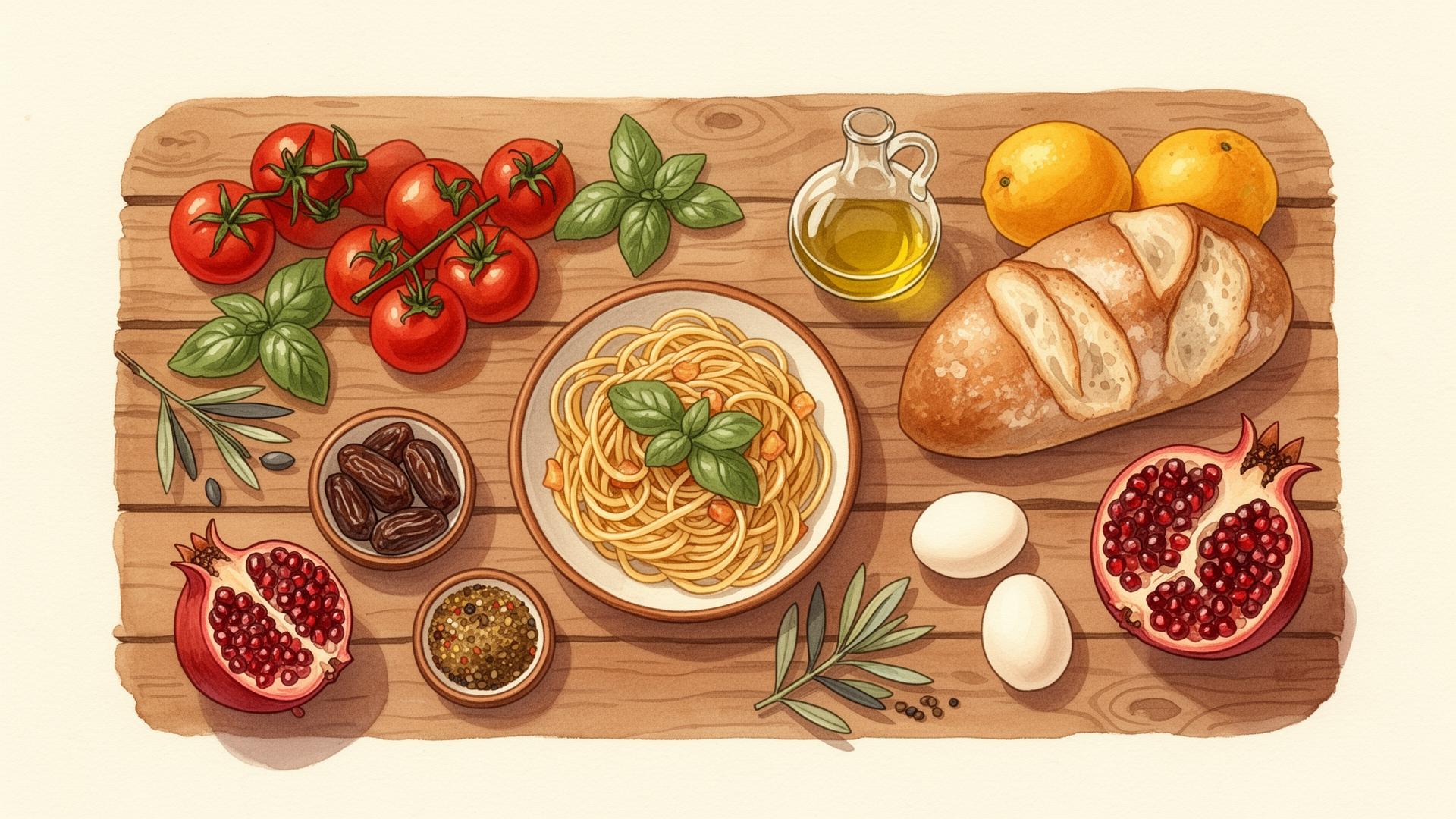 Global dishes on a culinary background